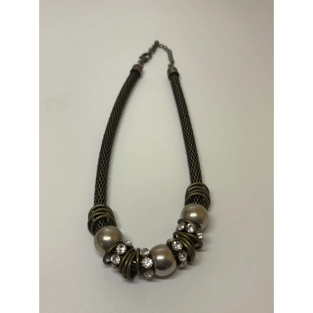 Antique Bronze Mesh Collar Necklace Silver Spheres Rhinestone Statement